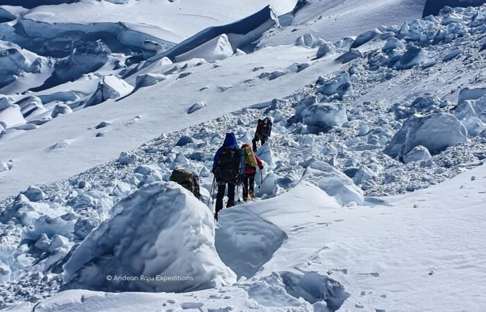 Crossing crevasses and avalanches to reach camp II