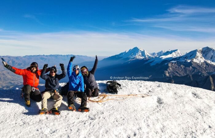 Our Peruvian and Russian group on the summit of Nevado Vallunaraju