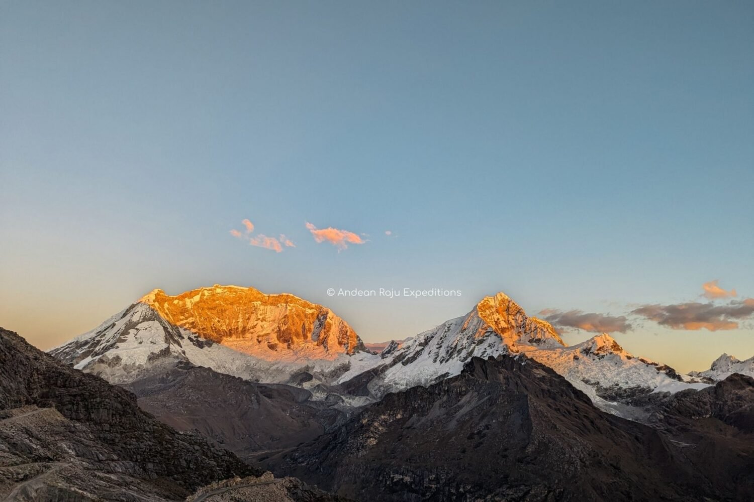 Sunrise on Huacaran and Chopicalqui Mountains