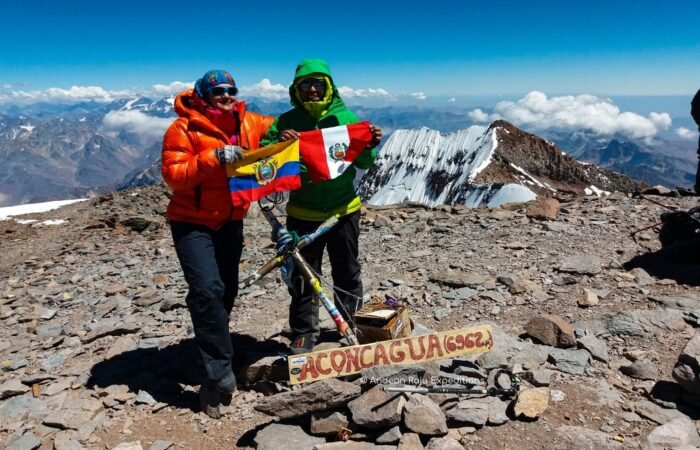 Maite and Pablo at the summit of Aconcagua