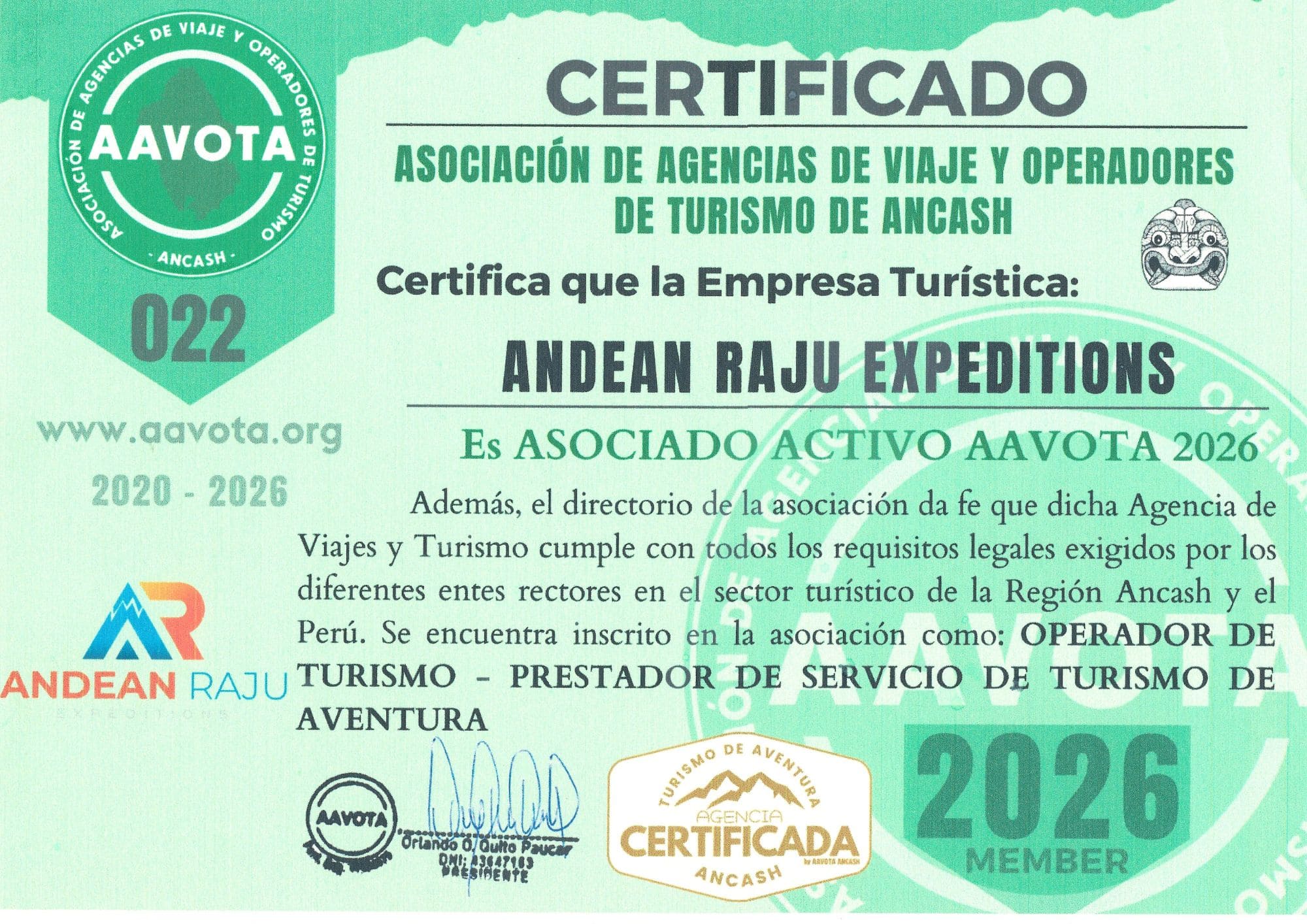 CERTIFICADO AAVOTA 2026 – ANDEAN RAJU EXPEDITIONS CERTIFICADO AAVOTA 2026 - ANDEAN RAJU EXPEDITIONS