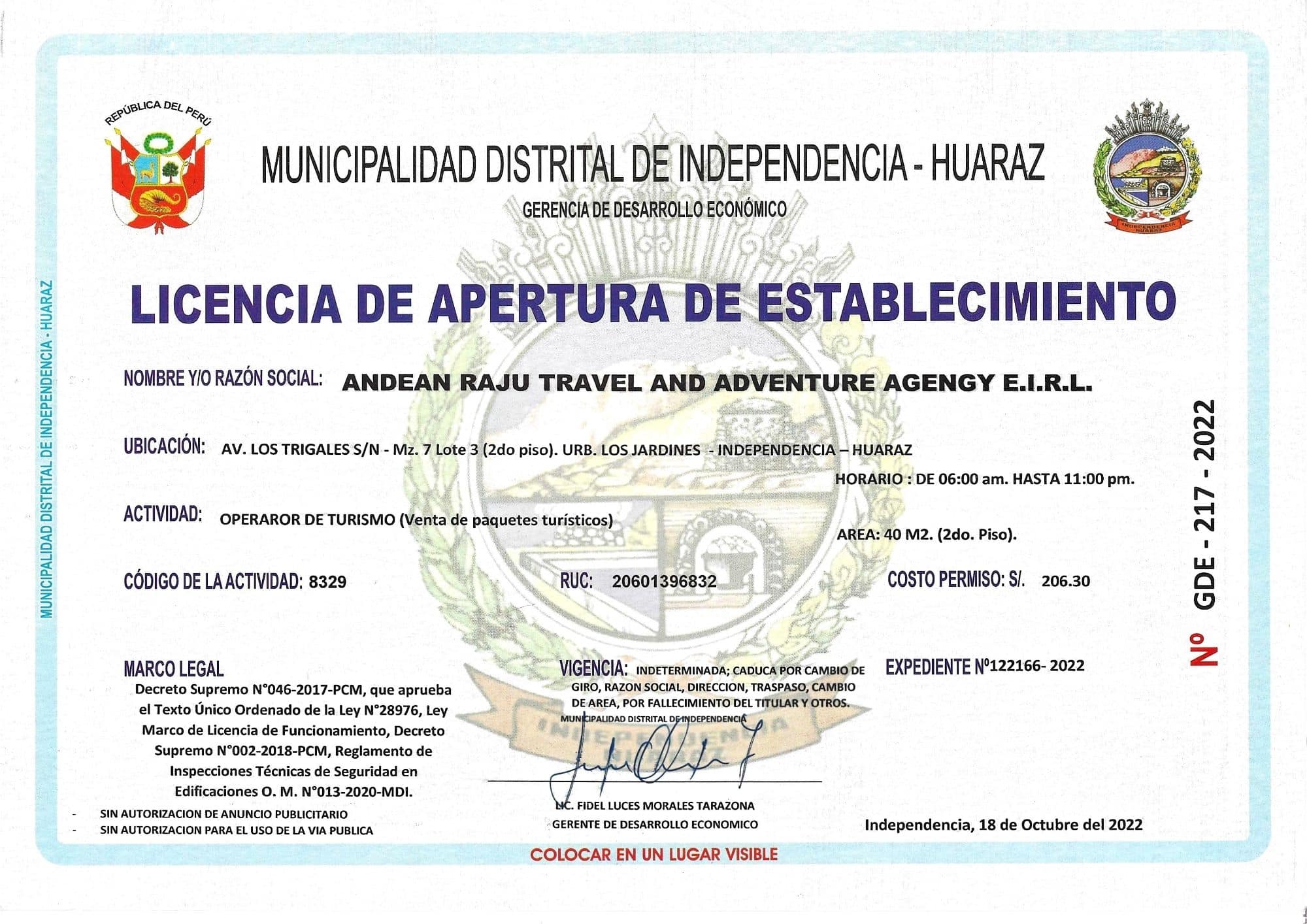 LICENCIA DE FUNCIONAMIENTO ANDEAN RAJU EXPEDITIONS LICENCIA DE FUNCIONAMIENTO ANDEAN RAJU EXPEDITIONS