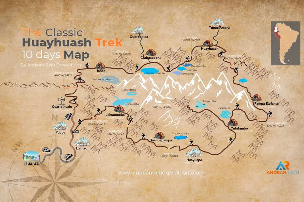 The Classic Huayhuash Trek 10 days map by Andean Raju Expeditions, showing campsites, passes, lakes and daily distances