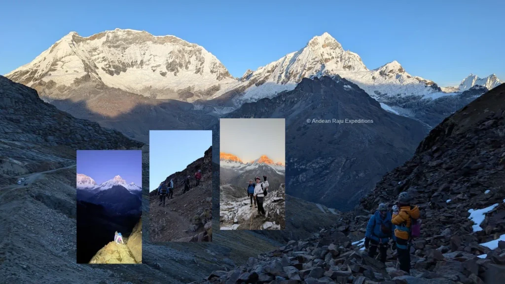 Climbers with helmets on the rocky moraine of Nevado Mateo at sunrise, with Huascarán and Chopicalqui in the background
