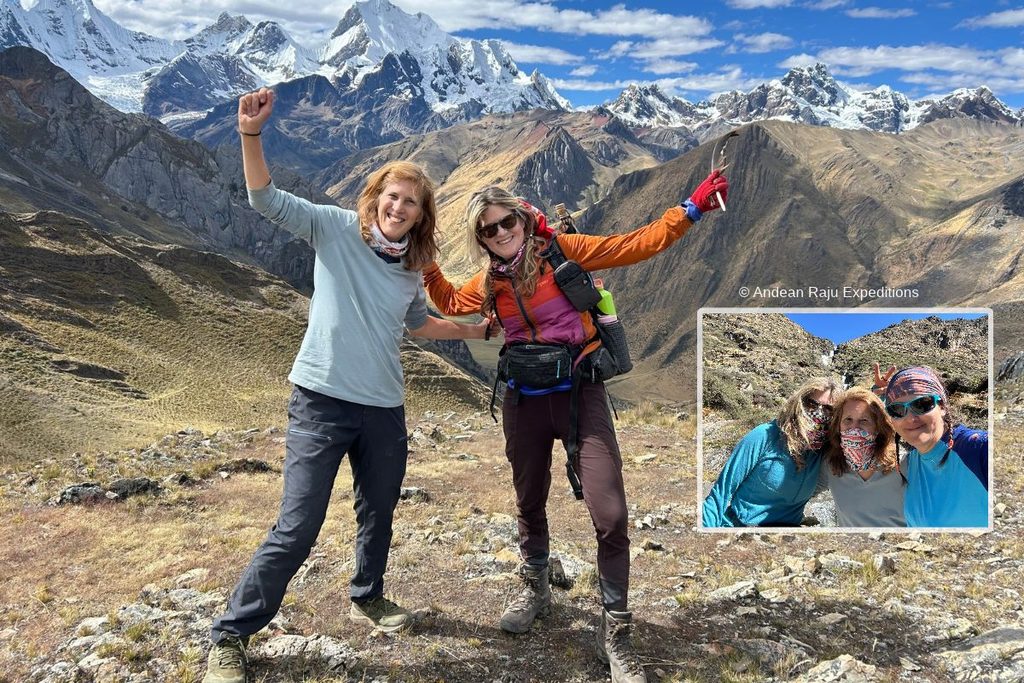 A group of women trekkers with their guide on a guided Huayhuash trek, Peru