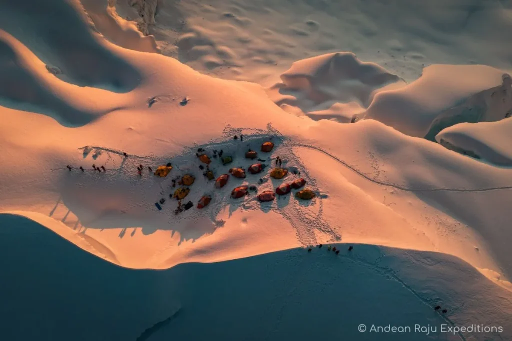 High camp on the Alpamayo–Quitaraju col at sunset, 5,500 m