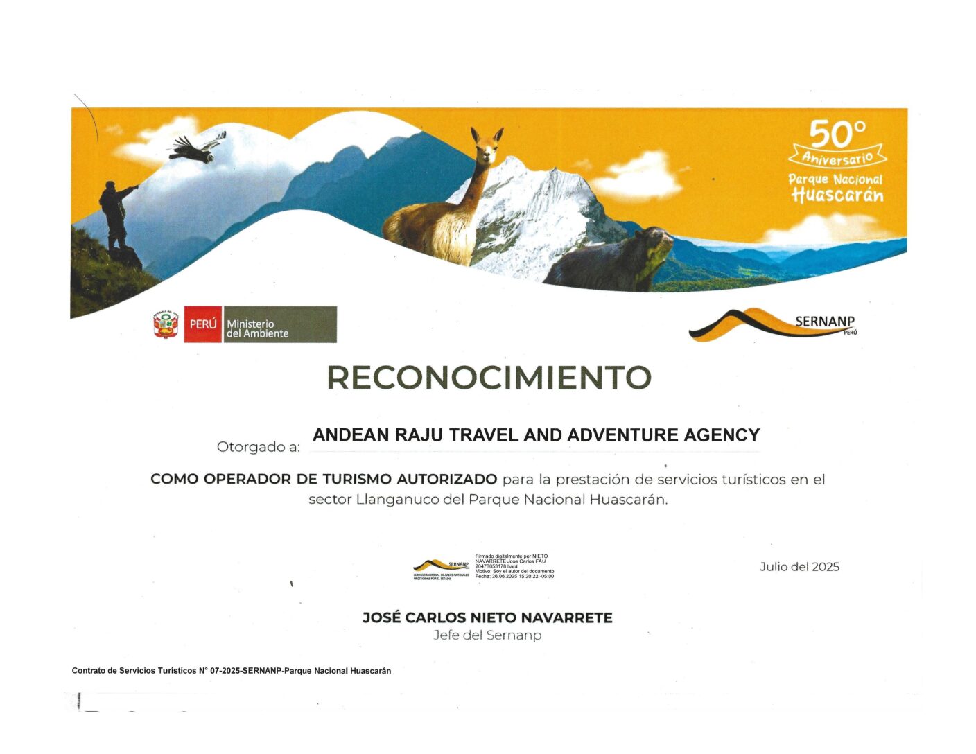SERNANP recognition: Andean Raju Travel and Adventure Agency, authorized tour operator in the Llanganuco sector of Huascarán National Park (Contract N° 07-2025-SERNANP)