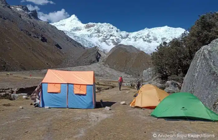 Ishinca base camp Andean Raju Expeditions tents at Ishinca base camp, 4,350 m, surrounded by glaciers