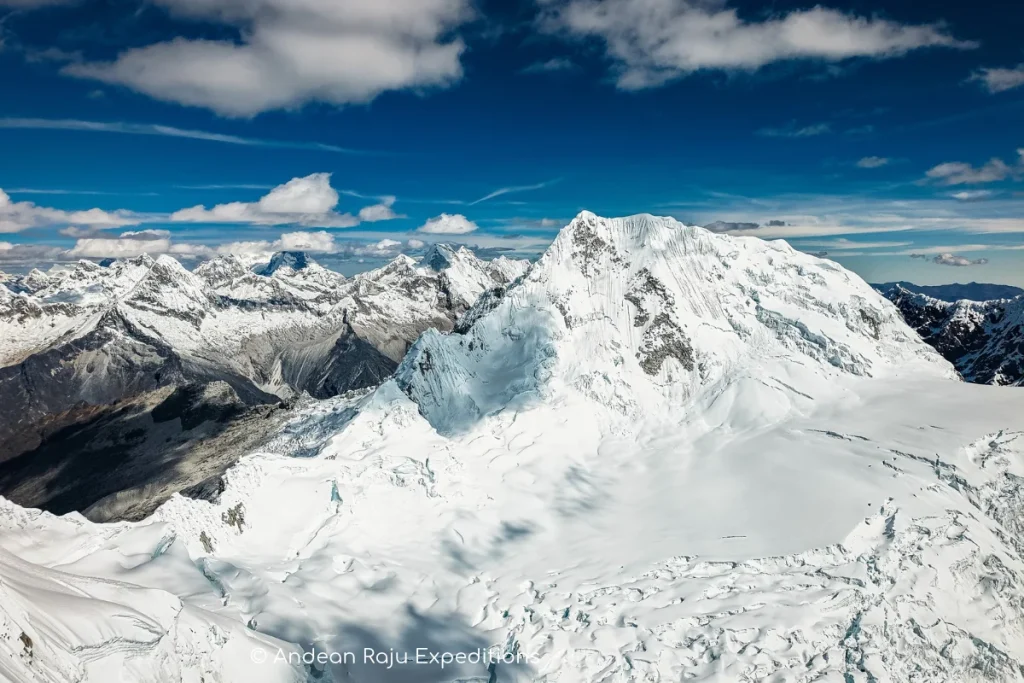 Quitaraju north face seen from Alpamayo high camp, a common plan B climb