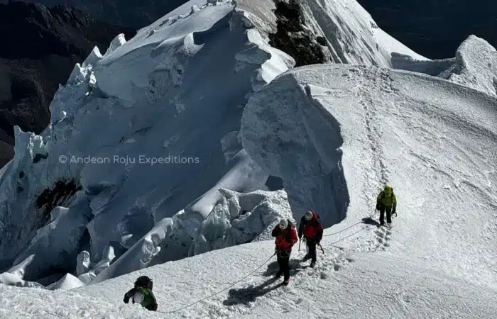 Tocllaraju northwest ridge Climber on the steep ice pitch of the Tocllaraju northwest ridge