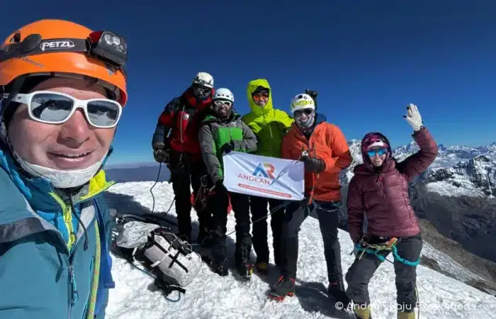 Tocllaraju summit Climbers on the summit of Tocllaraju (6,032 m) in the Cordillera Blanca, Peru